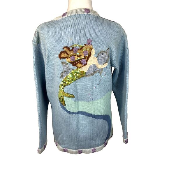 Storybook Knits Vtg Ocean Dolphin Mermaid Cardigan Sweater Womens Sz M Cottage - Picture 5 of 11